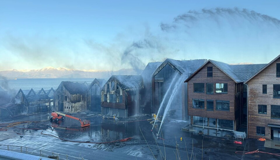 STORBRANN: Ein fin solskinsdag snudde brått til tragedie på Onarheim. Slik såg det ut då brannvesenet hadde byrja å få kontroll på dei opne flammane etter fleire timar med intenst arbeid. (Foto: Øystein Vaage)