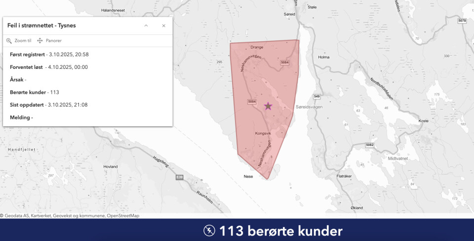 STRAUMBROT: 113 kundar langs Neshamnvegen er utan straum fredag kveld.